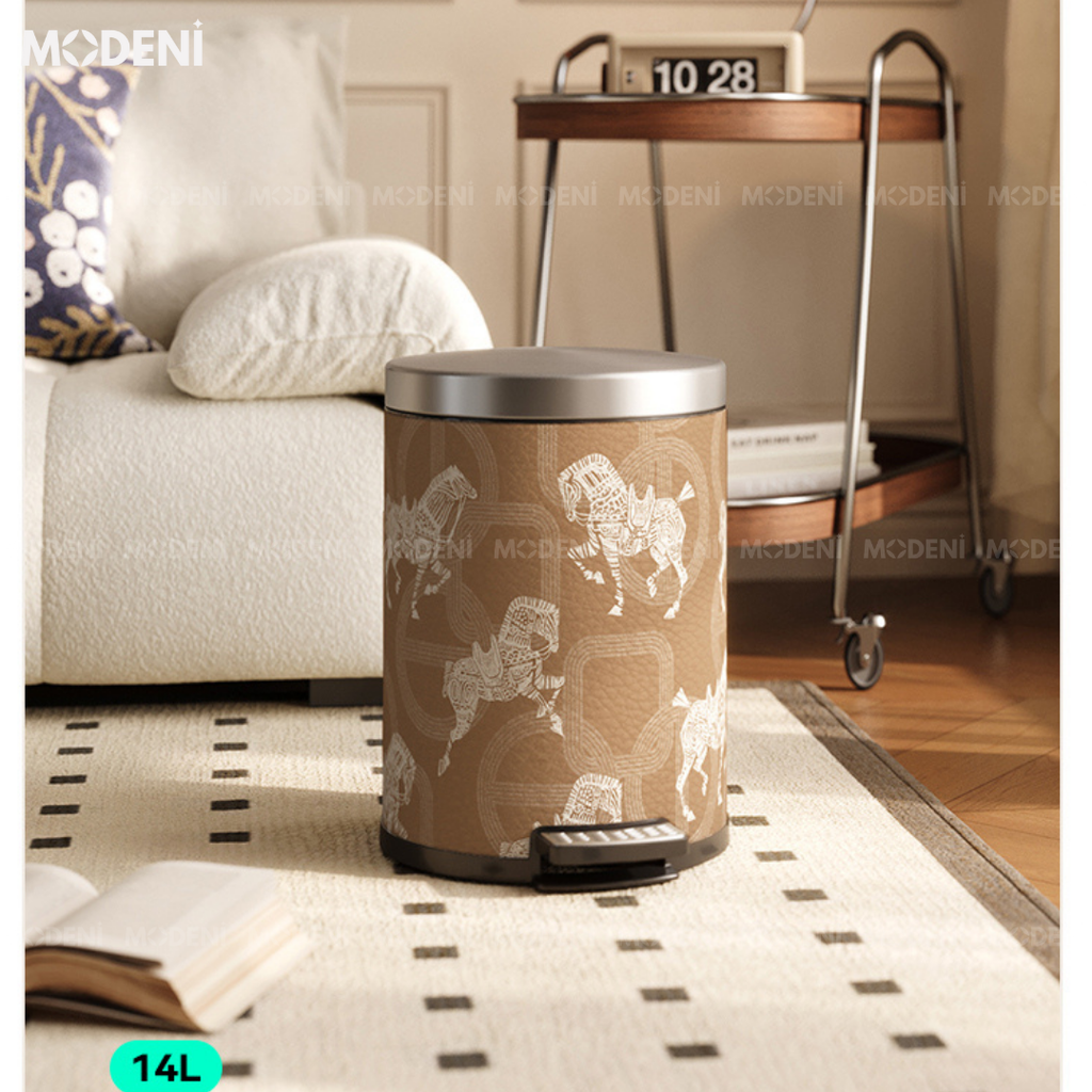 Thùng Rác Có Nắp Sherry Họa Tiết Ngựa – Decor Phòng Sang Trọng – Dung Tích 14L, Thép Không Gỉ, Da Cao Cấp