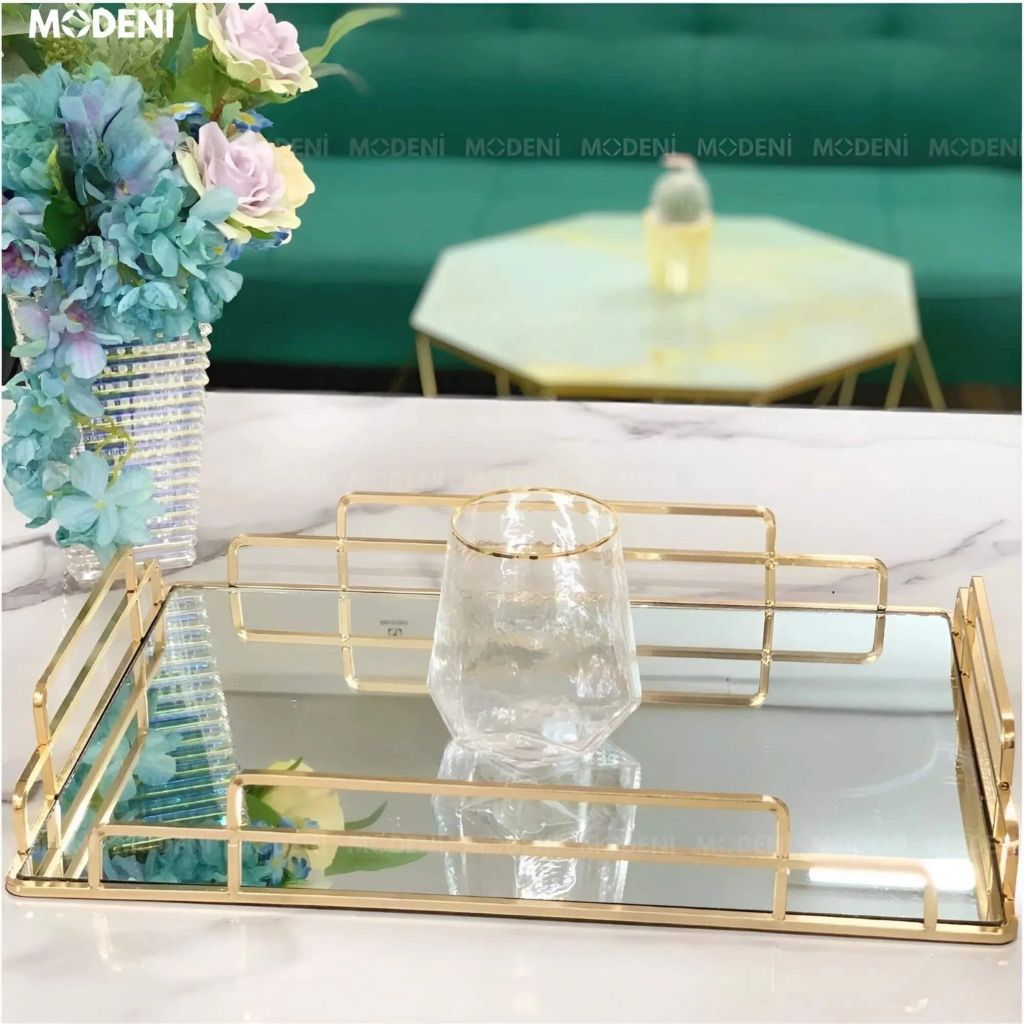 Khay Chữ Nhật Jade Cao Cấp – Khay Bàn Gương Khung Kim Loại Mạ Vàng Decor Sang Trọng – Phù Hợp Trang Trí Bàn Sofa, Bàn Trang Điểm