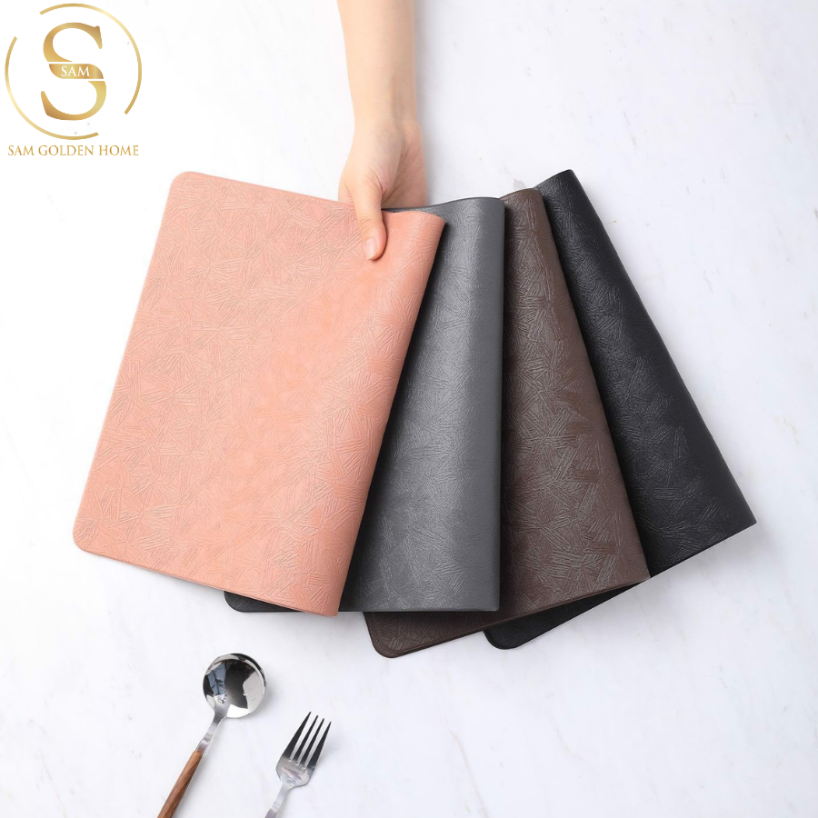 Placemat Lót Bàn Ăn Màu Đen Leather Sang Trọng Nhựa PU Vân Hoa Dễ Lau Chùi, Chịu Nhiệt Tốt