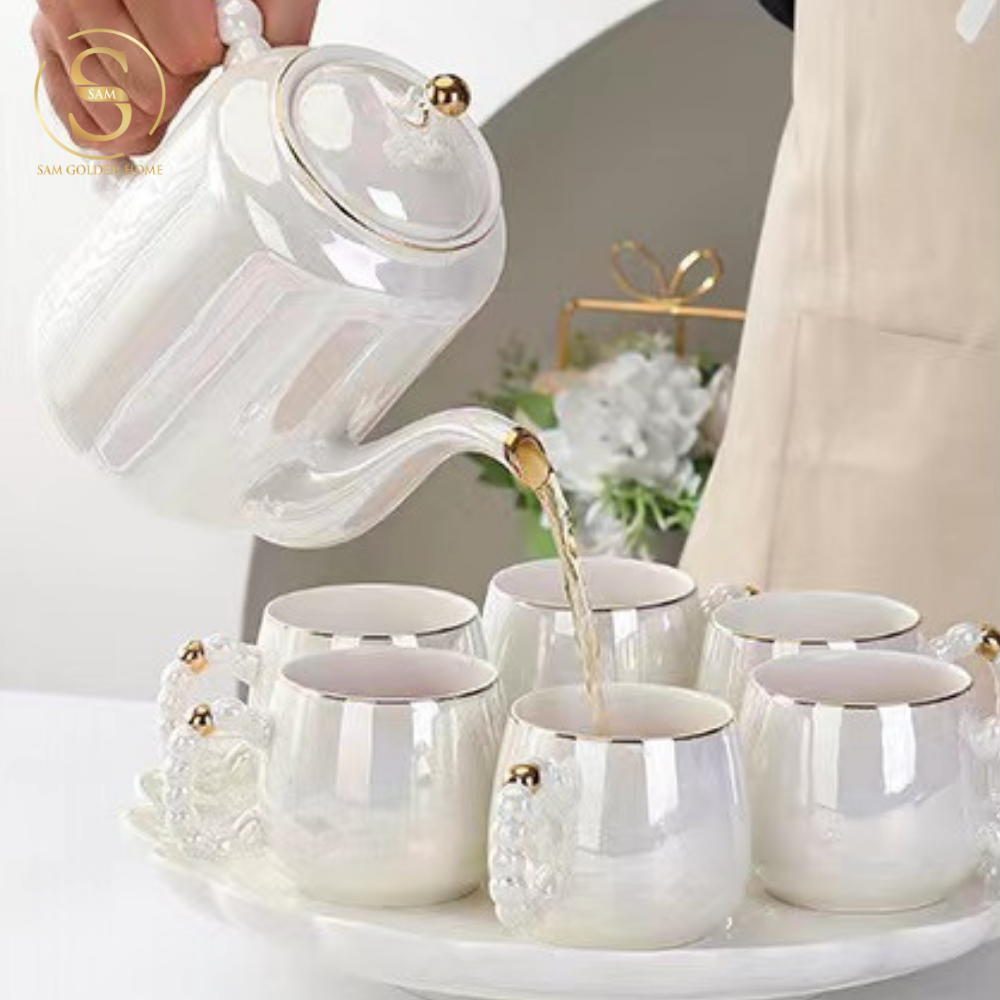 Bộ Bình Trà Pearly Sứ Xương Cao Cấp Sang Trọng | Kèm Khay
