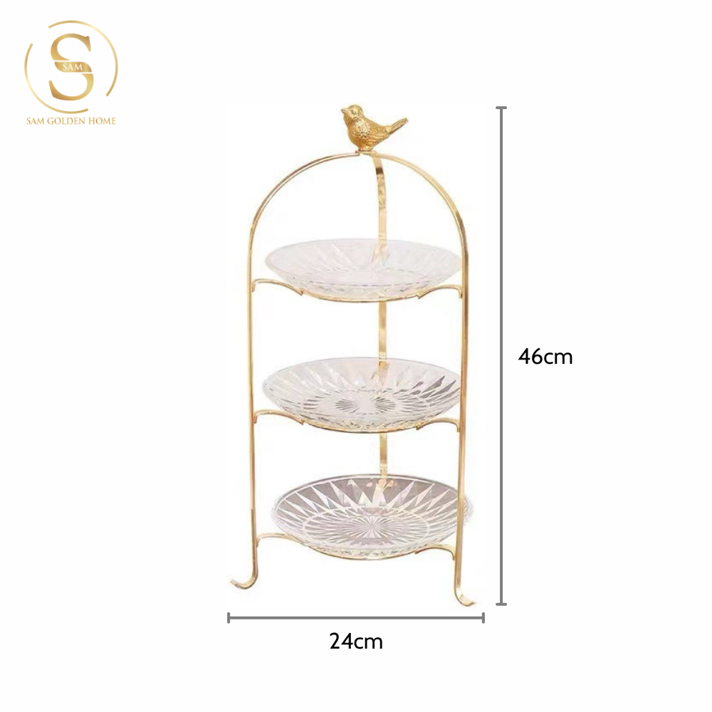 Khay 3 Tầng Kite Chim Vàng Kèm Đĩa Thủy Tinh – Decor Tiệc Trà, Đựng Bánh Trái Sang Trọng – Kiểu Dáng Hiện Đại Tinh Tế