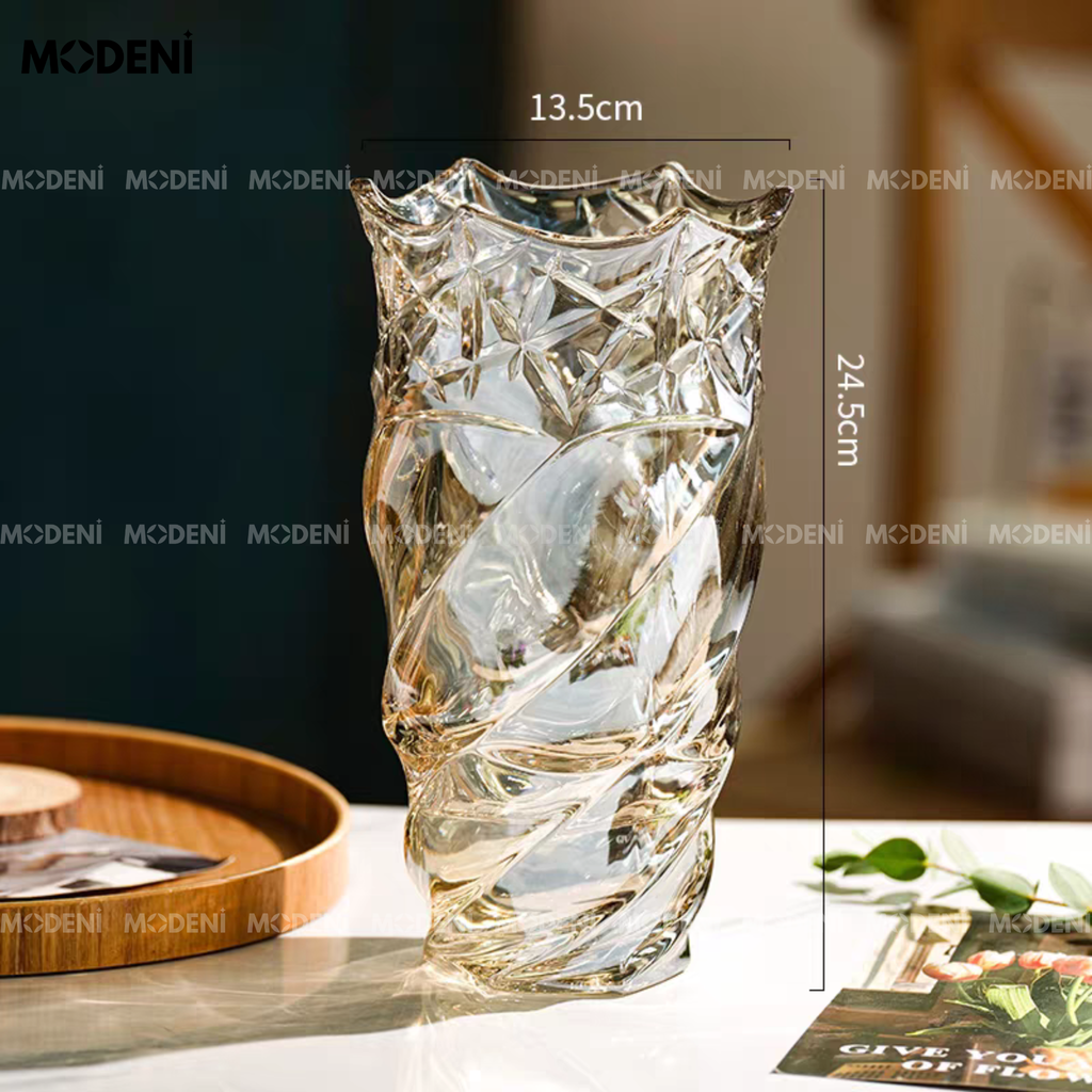 Bình hoa thuỷ tinh Lustro xoắn nghệ thuật cao cấp – Ánh gương phản chiếu sang trọng – Phù hợp decor hiện đại