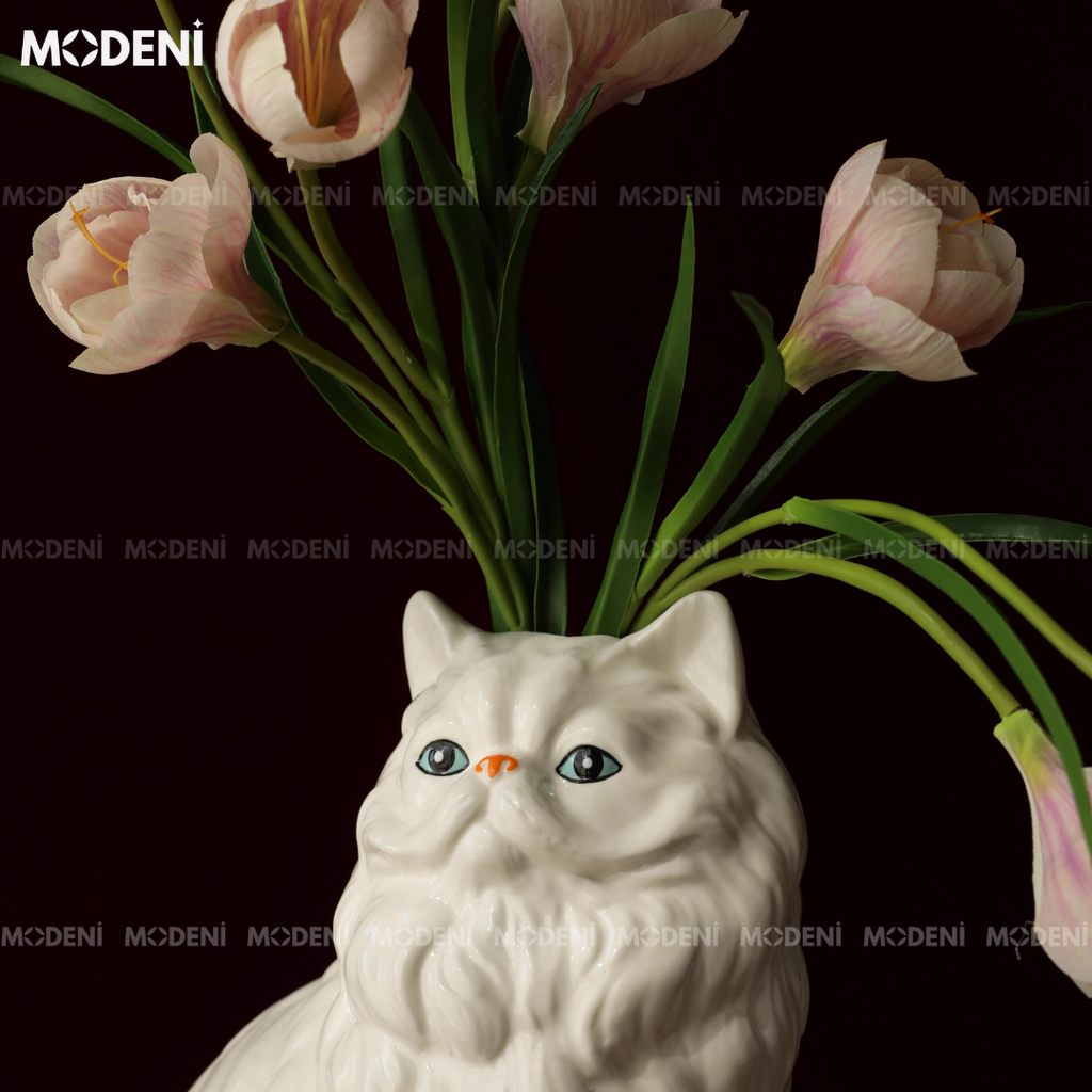 Bình Hoa Sứ Hình Mèo Feline Cao Cấp Nghệ Thuật Chạm Khắc Tinh Xảo | Decor Nội Thất Sang Trọng