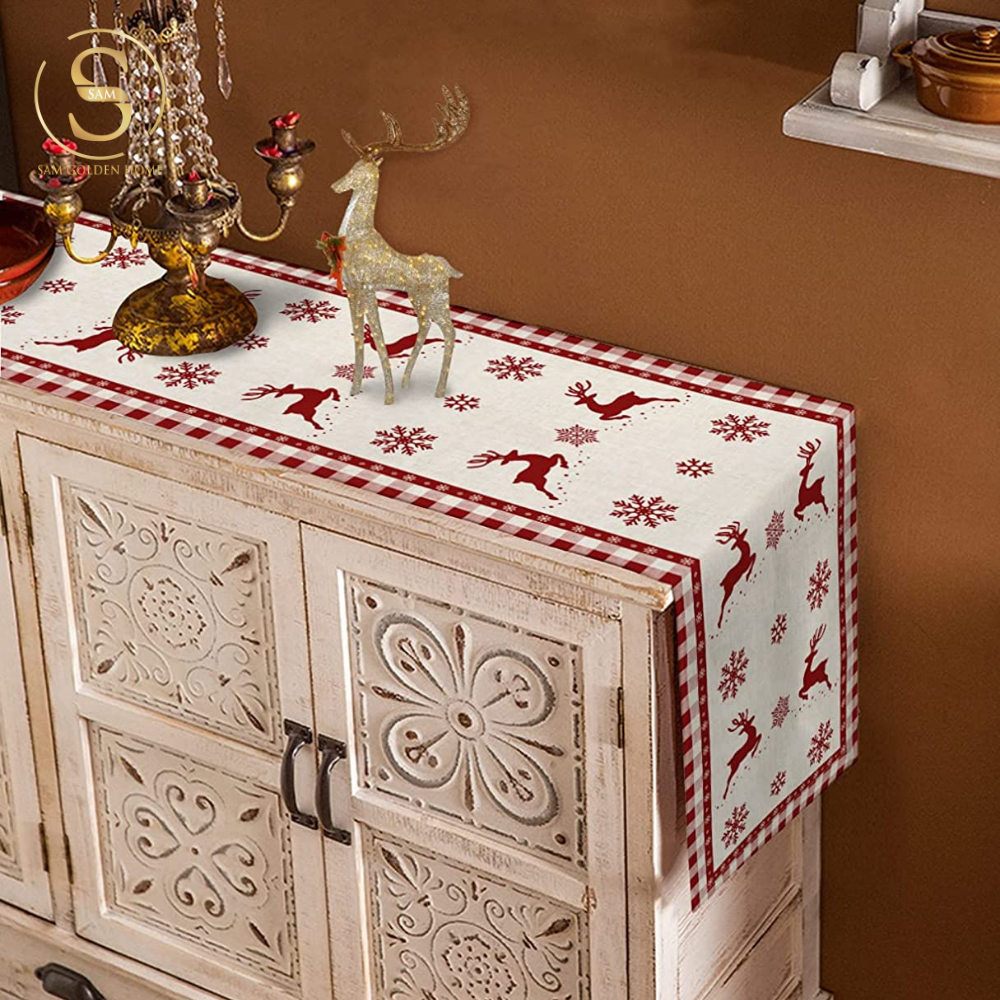 Khăn Trải Bàn Table Runner White Deer Trang Trí Giáng Sinh Cao Cấp