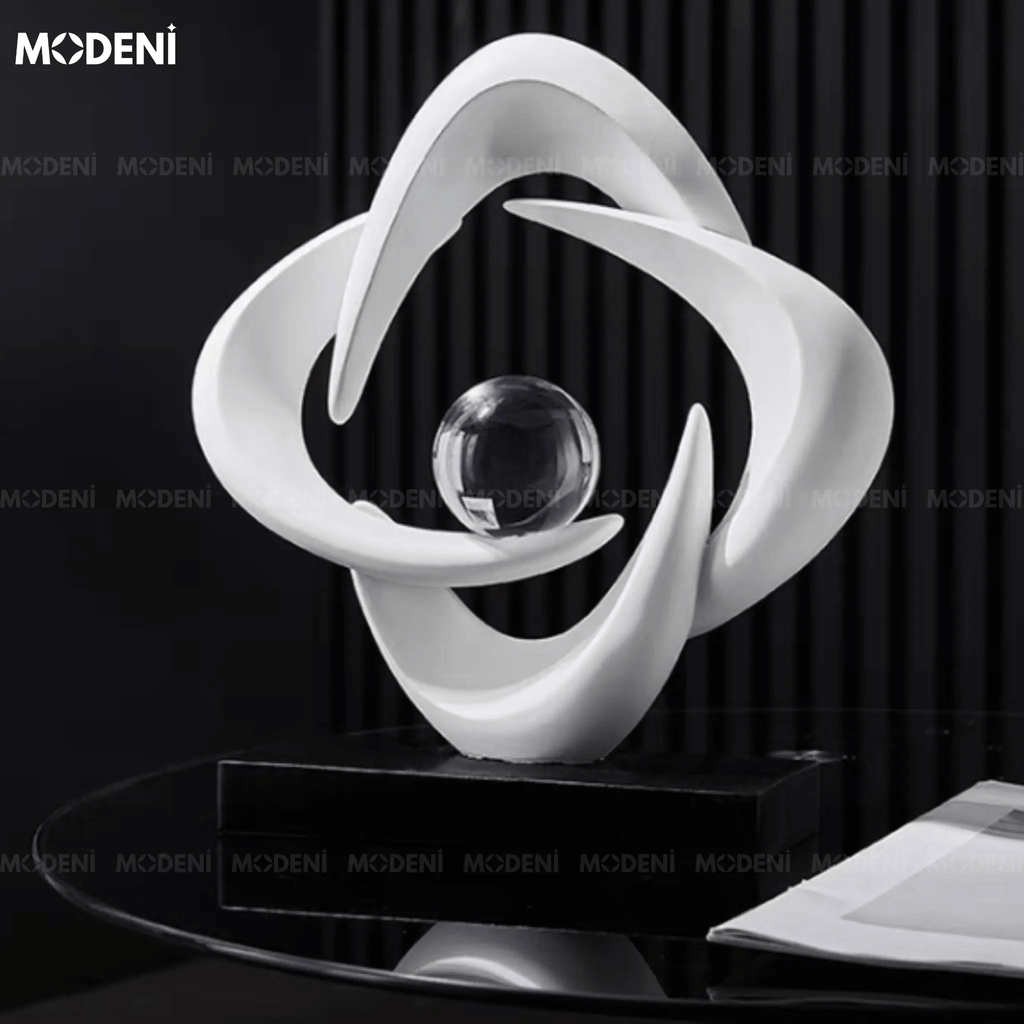 Tượng Trang Trí Cosmic White – Tượng Nghệ Thuật Resin Màu Trắng Đế Đen – Biểu Tượng Cân Bằng Vũ Trụ – Decor Phòng Khách, Văn Phòng, Kệ Sách Sang Trọng