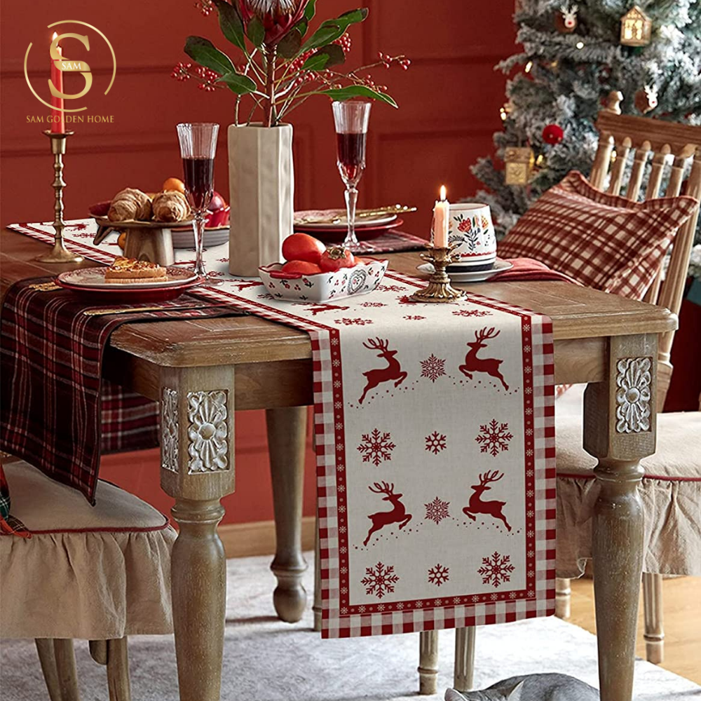 Khăn Trải Bàn Table Runner White Deer Trang Trí Giáng Sinh Cao Cấp