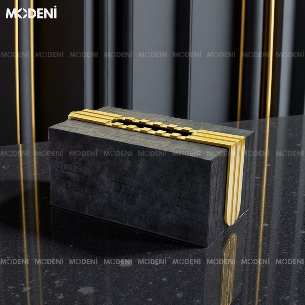 Hộp khăn giấy Modica Fabric Luxe da PU vân cá sấu cao cấp nắp kim loại vàng đồng Modern Luxury cho phòng khách và bàn ăn