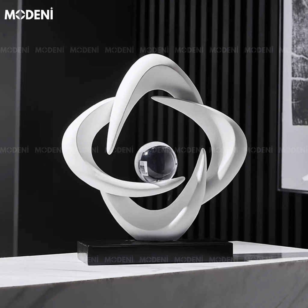Tượng Trang Trí Cosmic White – Tượng Nghệ Thuật Resin Màu Trắng Đế Đen – Biểu Tượng Cân Bằng Vũ Trụ – Decor Phòng Khách, Văn Phòng, Kệ Sách Sang Trọng
