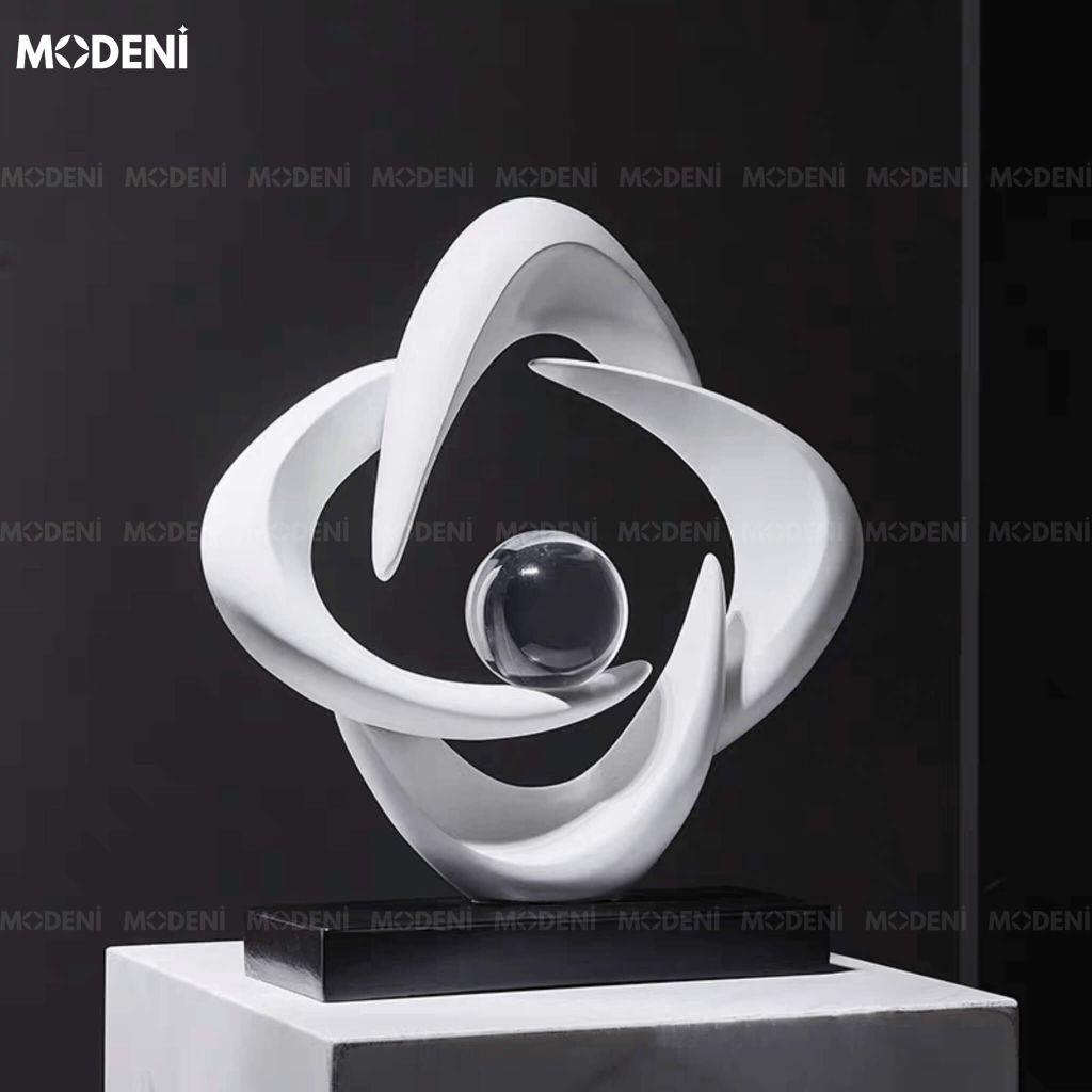 Tượng Trang Trí Cosmic White – Tượng Nghệ Thuật Resin Màu Trắng Đế Đen – Biểu Tượng Cân Bằng Vũ Trụ – Decor Phòng Khách, Văn Phòng, Kệ Sách Sang Trọng