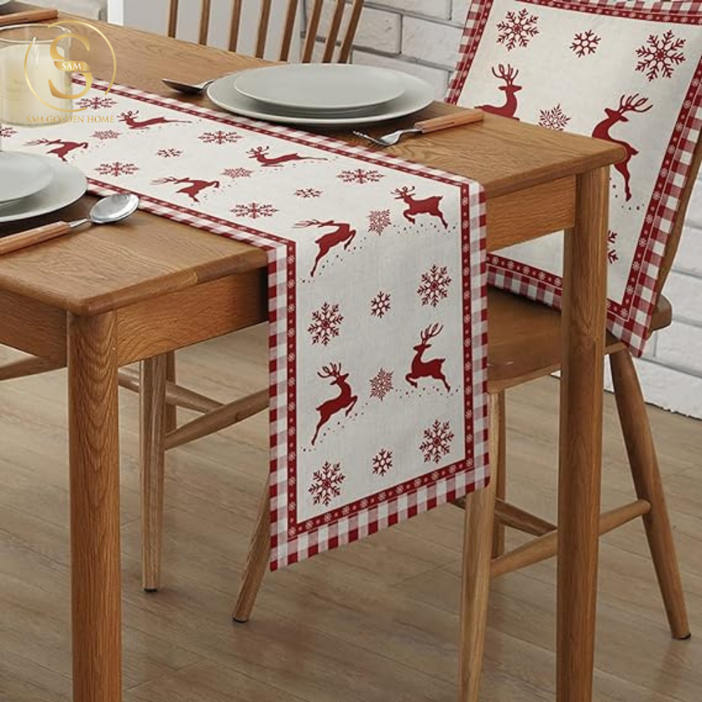 Khăn Trải Bàn Table Runner White Deer Trang Trí Giáng Sinh Cao Cấp