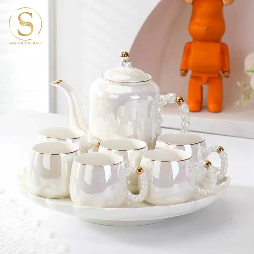 Bộ Bình Trà Pearly Sứ Xương Cao Cấp Sang Trọng | Kèm Khay