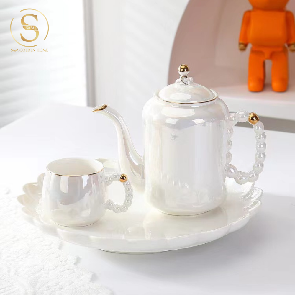 Bộ Bình Trà Pearly Sứ Xương Cao Cấp Sang Trọng | Kèm Khay