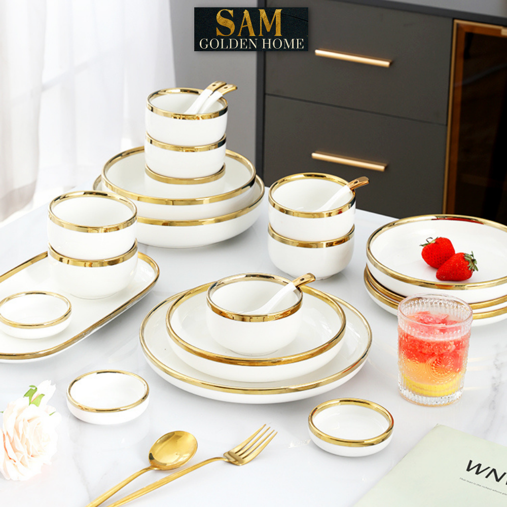 Chén Dĩa Victorian Sứ Tráng Men Cao Cấp Trắng Viền Vàng Gold Sang Trọng, Hiện Đại