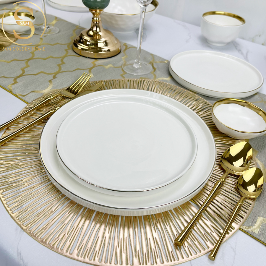 Đĩa Sứ Hasimi 25 Steak, Pasta Trắng Viền Chỉ Vàng Châu Âu Phong Cách Tối Giản Minimalism