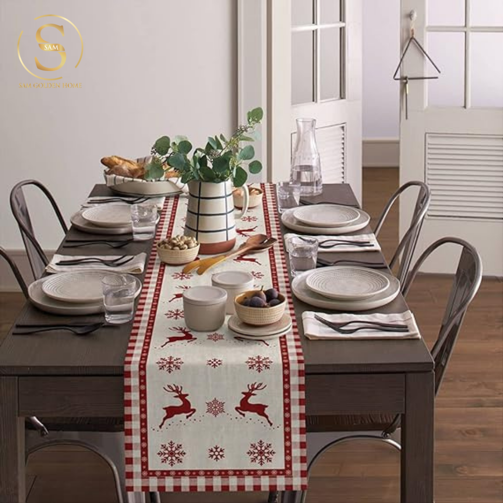 Khăn Trải Bàn Table Runner White Deer Trang Trí Giáng Sinh Cao Cấp