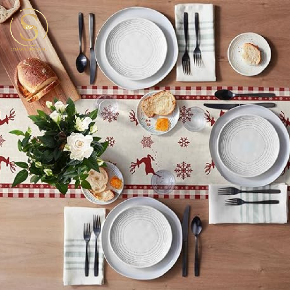 Khăn Trải Bàn Table Runner White Deer Trang Trí Giáng Sinh Cao Cấp