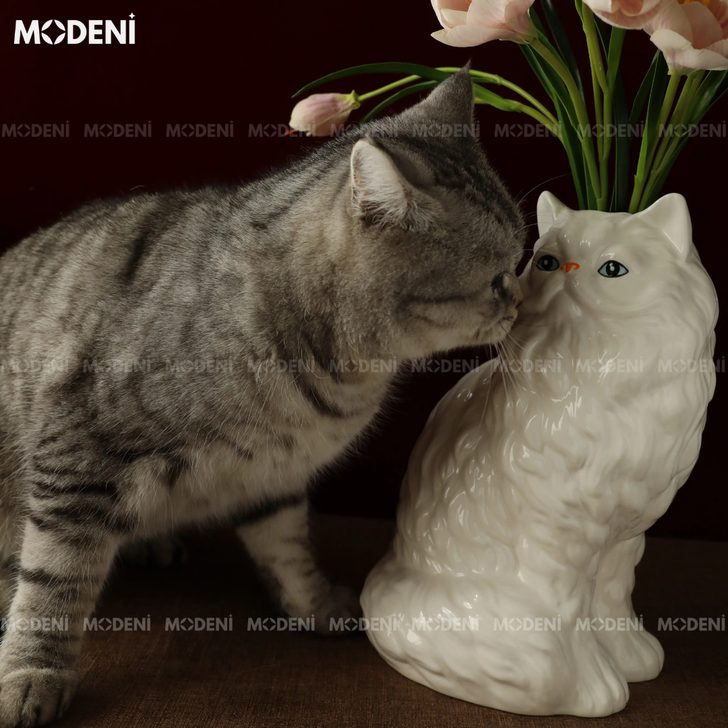 Bình Hoa Sứ Hình Mèo Feline Cao Cấp Nghệ Thuật Chạm Khắc Tinh Xảo | Decor Nội Thất Sang Trọng