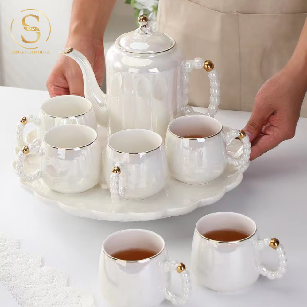 Bộ Bình Trà Pearly Sứ Xương Cao Cấp Sang Trọng | Kèm Khay