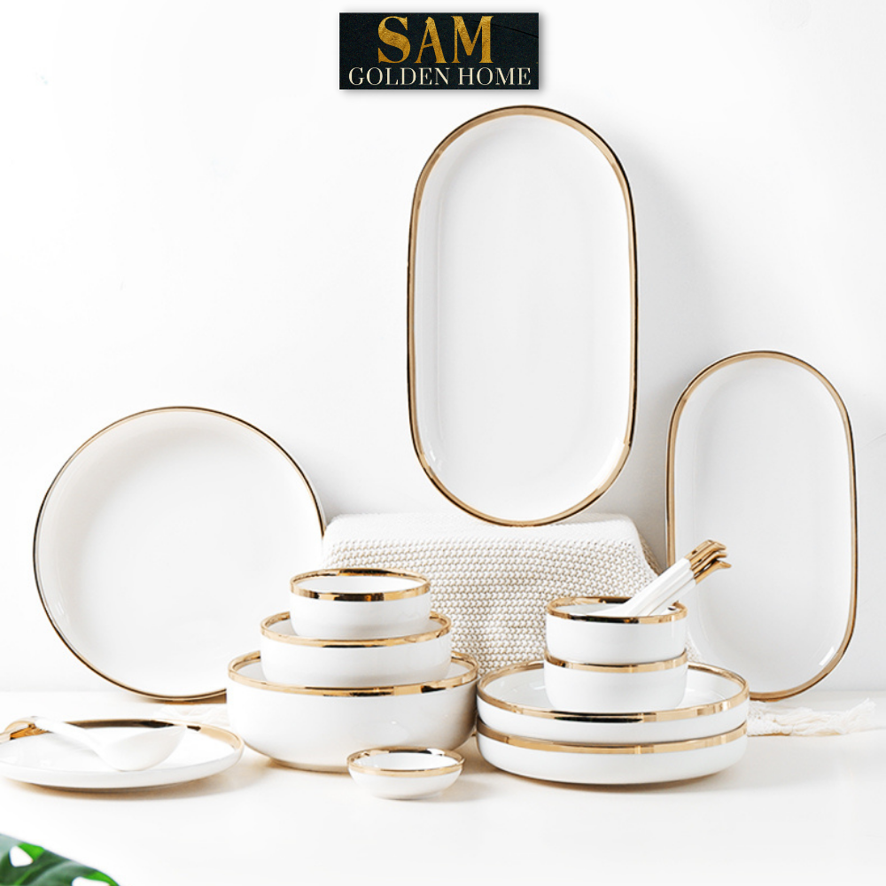 Chén Dĩa Victorian Sứ Tráng Men Cao Cấp Trắng Viền Vàng Gold Sang Trọng, Hiện Đại