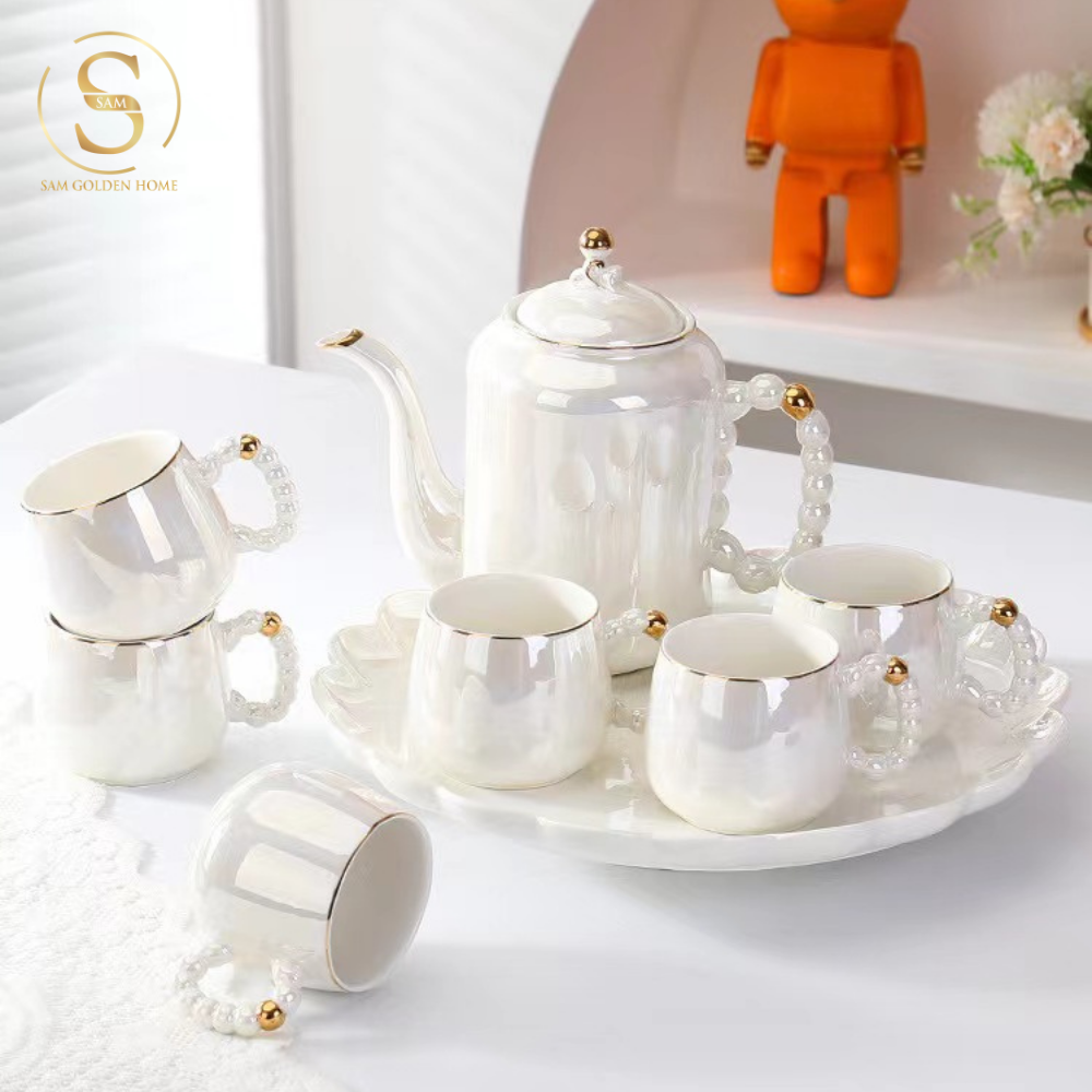 Bộ Bình Trà Pearly Sứ Xương Cao Cấp Sang Trọng | Kèm Khay