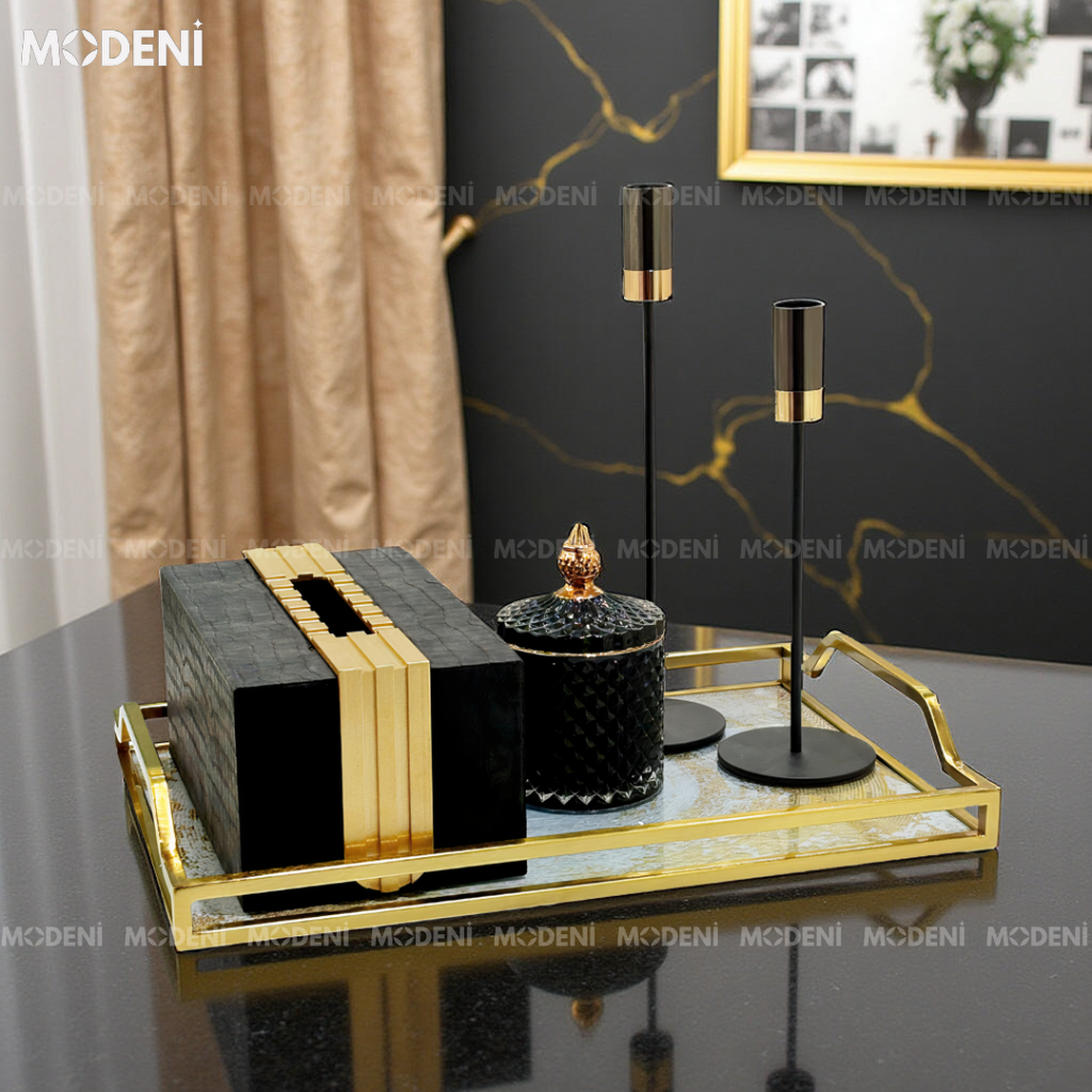 Hộp khăn giấy Modica Fabric Luxe da PU vân cá sấu cao cấp nắp kim loại vàng đồng Modern Luxury cho phòng khách và bàn ăn