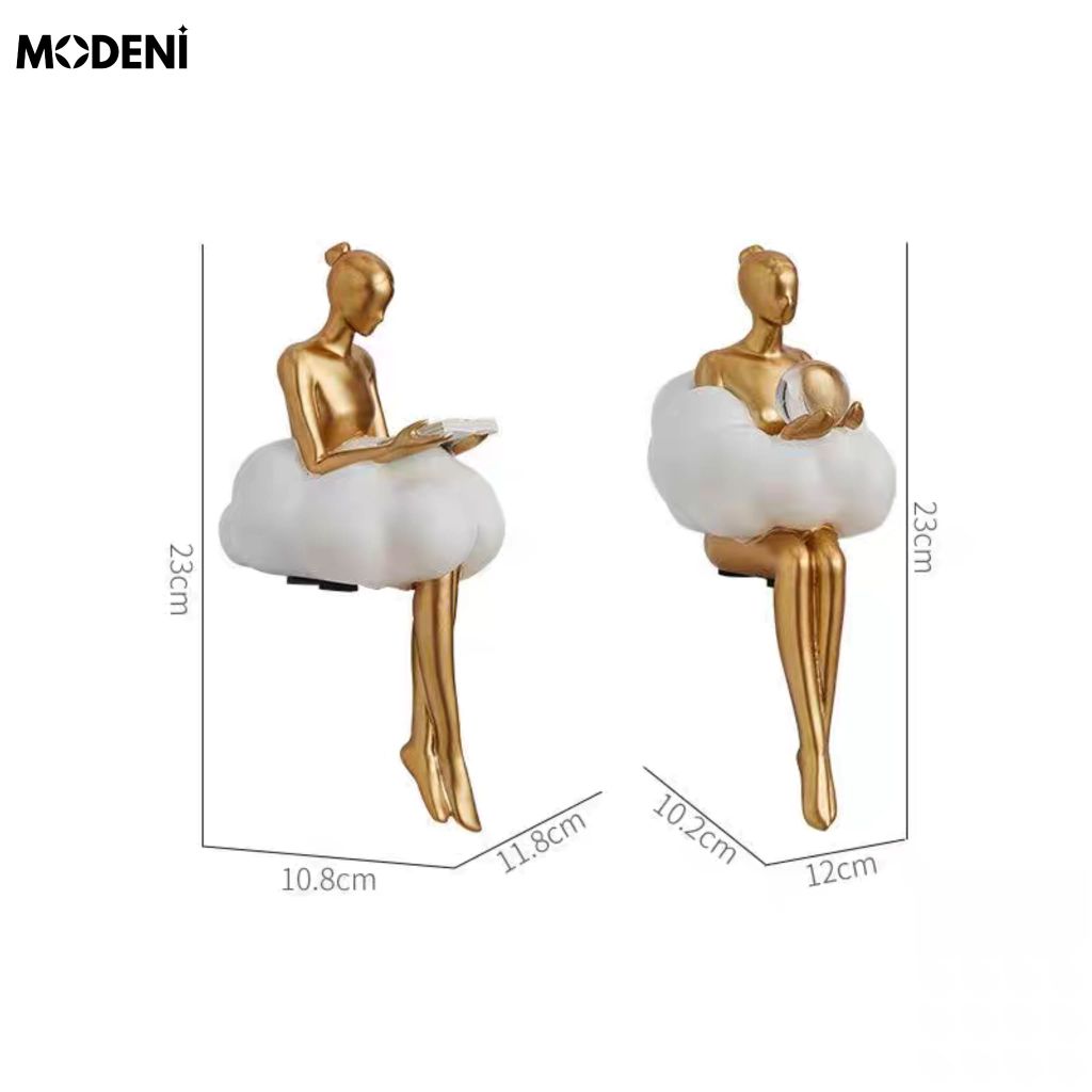 Tượng Cô Gái Ethereal & Linus – Tượng Decor Nghệ Thuật Resin Vàng Trắng – Thiết Kế Ngồi Mép Kệ Bay Bổng – Cao 23cm, Phù Hợp Decor Kệ Sách, Bàn Console, Góc Chill Sang Trọng