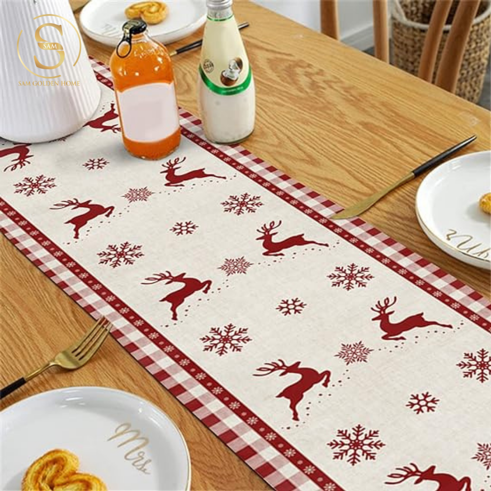 Khăn Trải Bàn Table Runner White Deer Trang Trí Giáng Sinh Cao Cấp