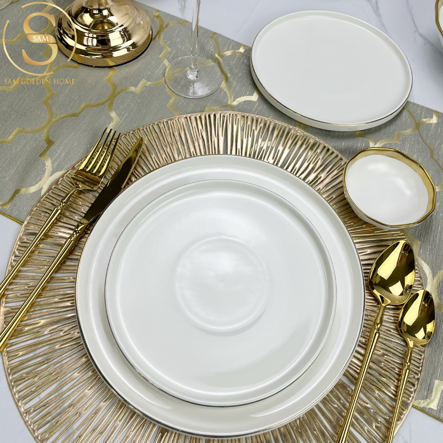 Đĩa Sứ Hasimi 25 Steak, Pasta Trắng Viền Chỉ Vàng Châu Âu Phong Cách Tối Giản Minimalism