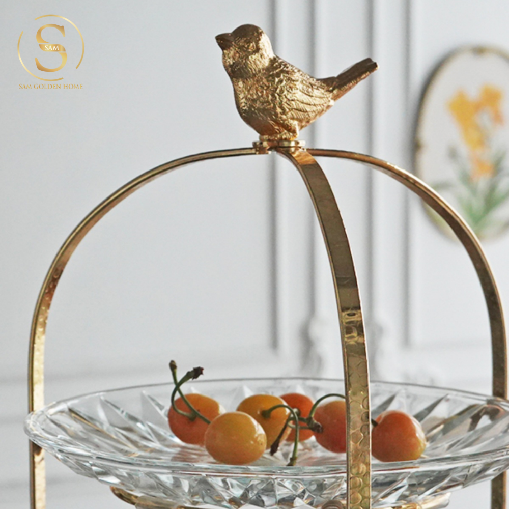 Khay 3 Tầng Kite Chim Vàng Kèm Đĩa Thủy Tinh – Decor Tiệc Trà, Đựng Bánh Trái Sang Trọng – Kiểu Dáng Hiện Đại Tinh Tế