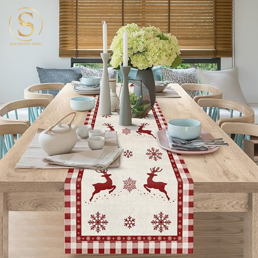 Khăn Trải Bàn Table Runner White Deer Trang Trí Giáng Sinh Cao Cấp