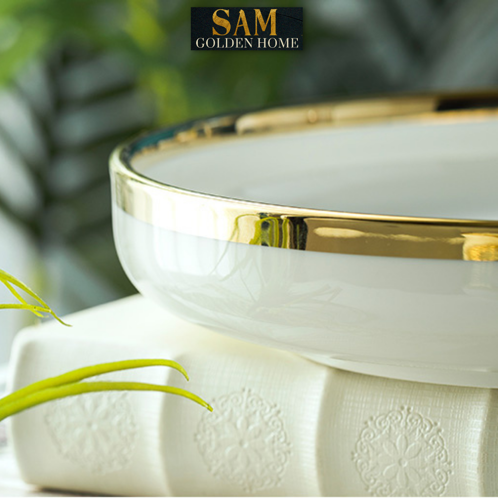 Chén Dĩa Victorian Sứ Tráng Men Cao Cấp Trắng Viền Vàng Gold Sang Trọng, Hiện Đại