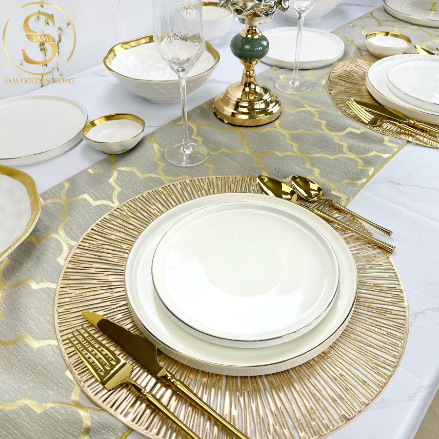 Đĩa Sứ Hasimi 25 Steak, Pasta Trắng Viền Chỉ Vàng Châu Âu Phong Cách Tối Giản Minimalism