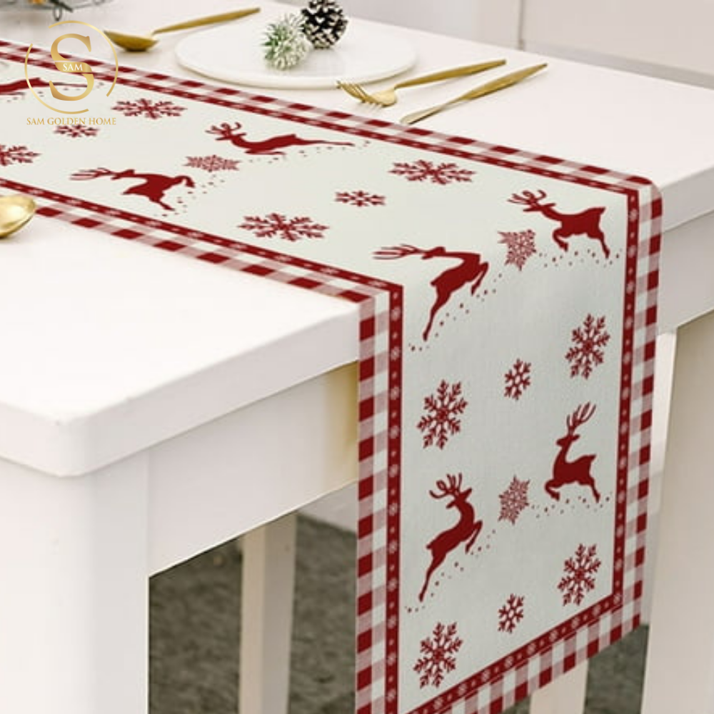 Khăn Trải Bàn Table Runner White Deer Trang Trí Giáng Sinh Cao Cấp