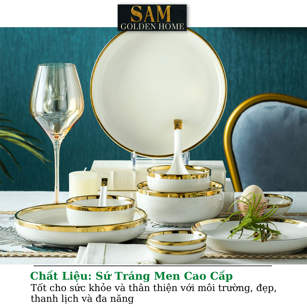 Chén Dĩa Victorian Sứ Tráng Men Cao Cấp Trắng Viền Vàng Gold Sang Trọng, Hiện Đại