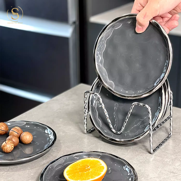 Set 6 Đĩa Eira Đen Kèm Giá Inox Viền Bạc Phong Cách Bắc Âu