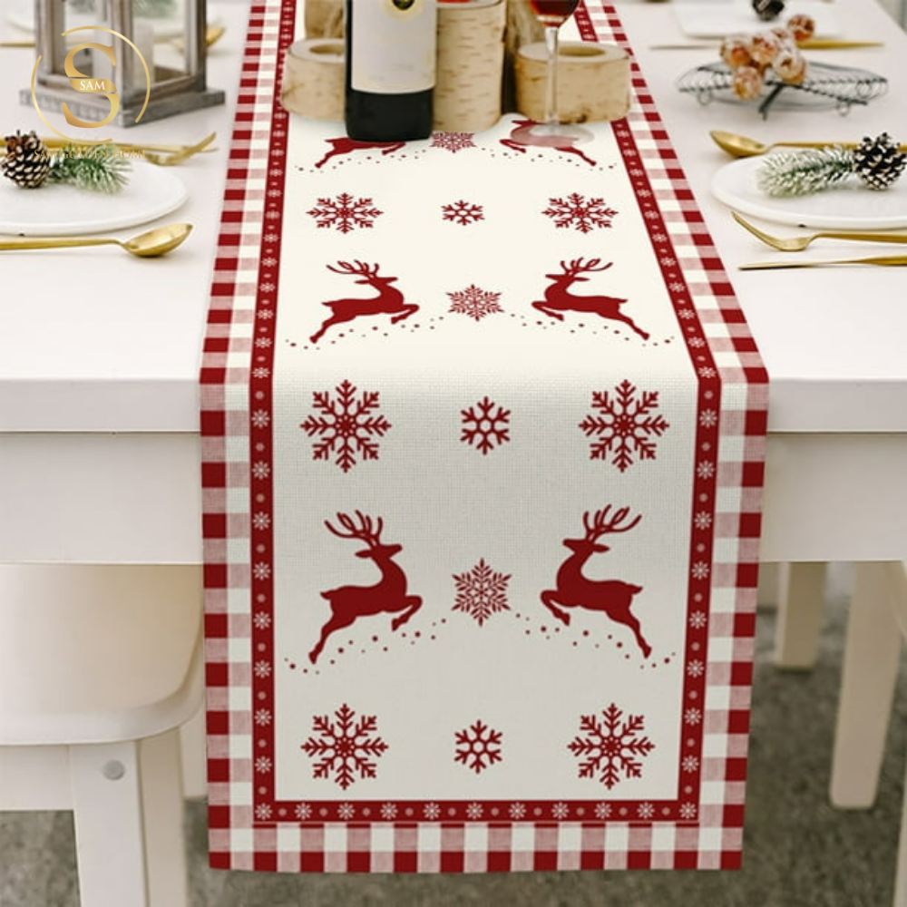 Khăn Trải Bàn Table Runner White Deer Trang Trí Giáng Sinh Cao Cấp