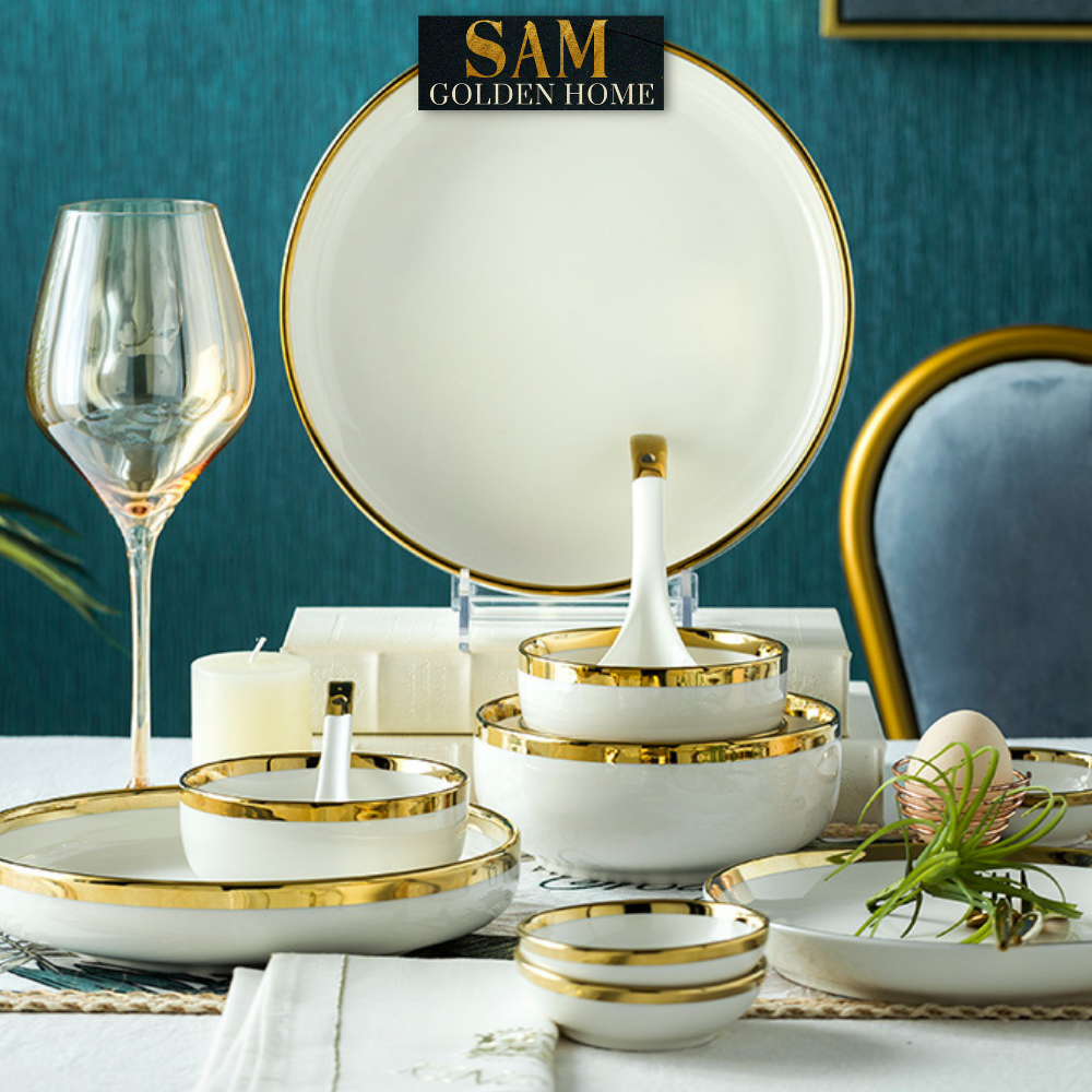 Chén Dĩa Victorian Sứ Tráng Men Cao Cấp Trắng Viền Vàng Gold Sang Trọng, Hiện Đại