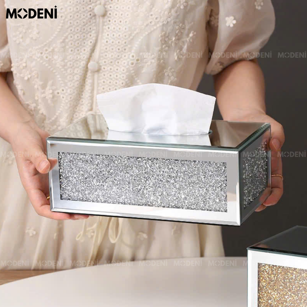 Hộp Khăn Giấy Glimma Cao Cấp – Gương Pha Lê Phối Hạt Nhũ Bạc – Thiết Kế Lấp Lánh Sang Trọng Cho Bàn Trang Điểm, Bàn Tiệc, Văn Phòng Hiện Đại
