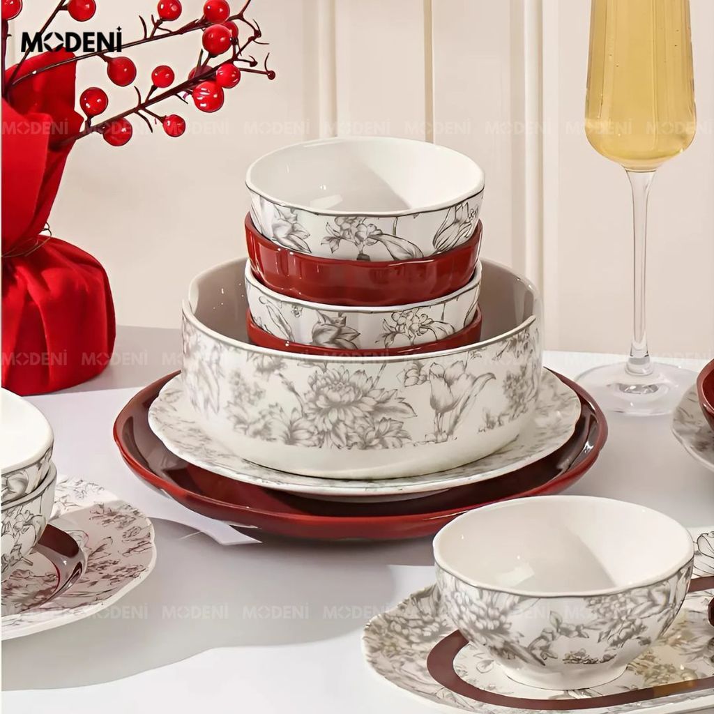 Bộ Chén Đĩa Briona Cao Cấp – Bát Đĩa Sang Trọng Phối Đỏ Rượu Vang – Phù Hợp Bàn Ăn Gia Đình Hiện Đại
