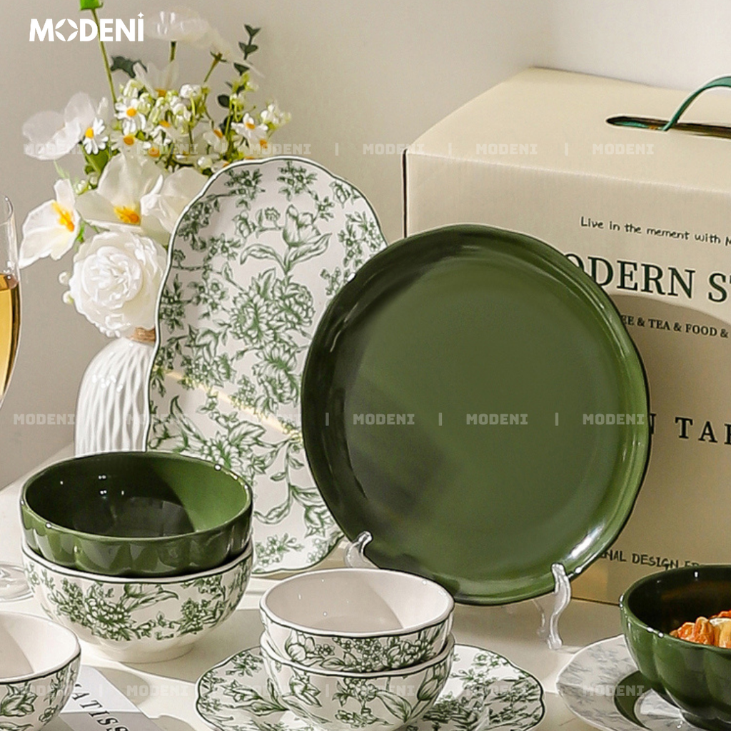 Bộ Chén Đĩa Sứ Trang Men Cao Cấp Farley – Họa Tiết Hoa Lá Trang Nhã – Dành Cho Bàn Ăn Hiện Đại, Tiếp Khách Và Quà Tặng Sang Trọng