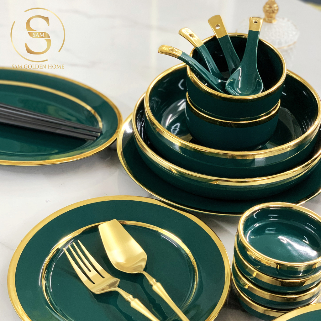 Bộ Tô Chén Đĩa Viền Vàng Nortylis Màu Xanh Emerald Gốm Sứ Cao Cấp Phong Cách Hiện Đại Châu Âu Quà Tặng Tân Gia