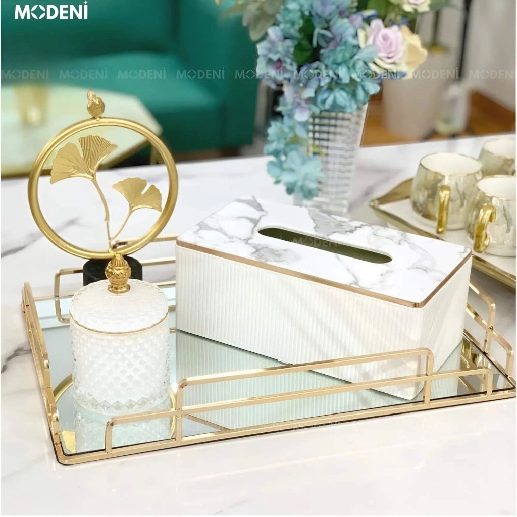 Khay Chữ Nhật Jade Cao Cấp – Khay Bàn Gương Khung Kim Loại Mạ Vàng Decor Sang Trọng – Phù Hợp Trang Trí Bàn Sofa, Bàn Trang Điểm