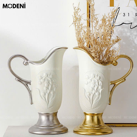Bình hoa sứ Gold Gratia cao cấp tone trắng – vàng cổ điển