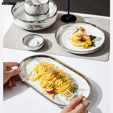 Campalia bộ chén đĩa sứ trắng vân khói hiện đại cho bàn ăn sang trọng