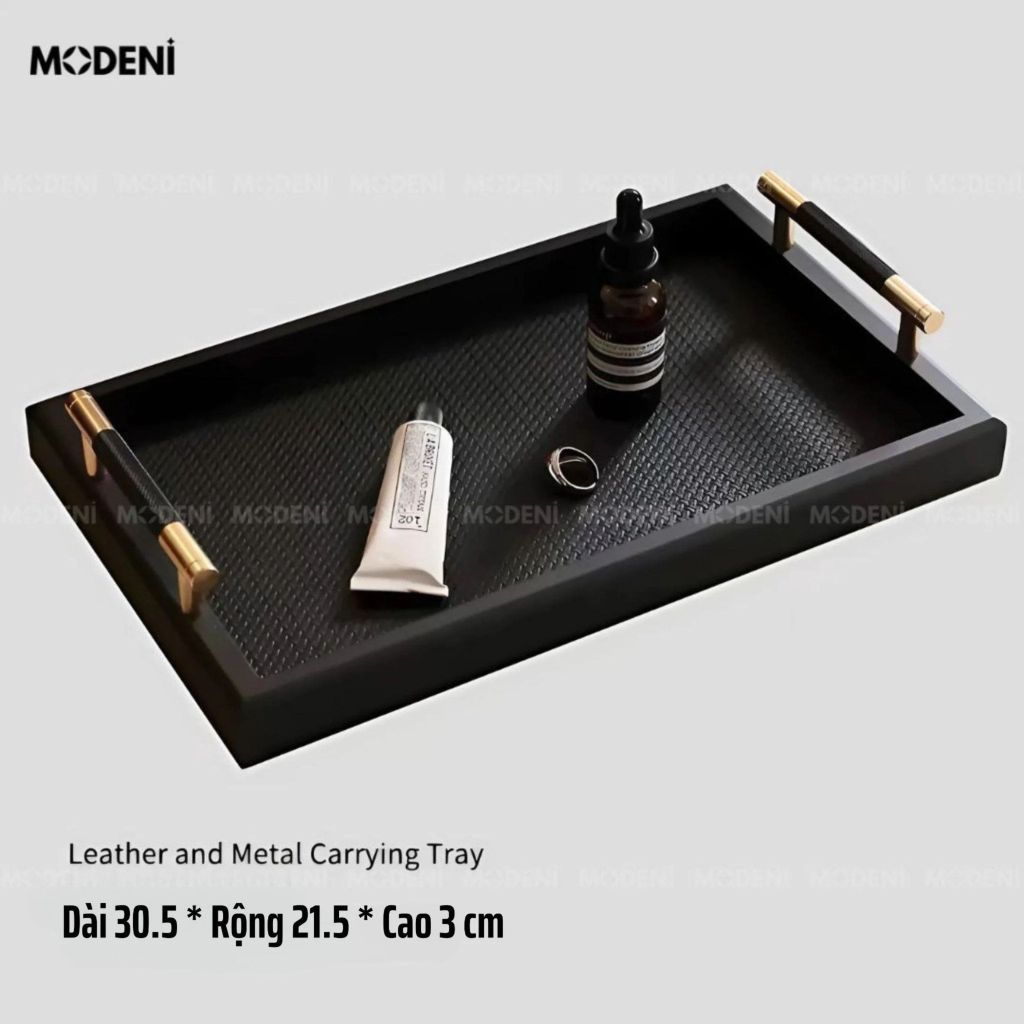 Khay Trang Trí Đen Blacky cao cấp – Tay cầm kim loại, phong cách hiện đại