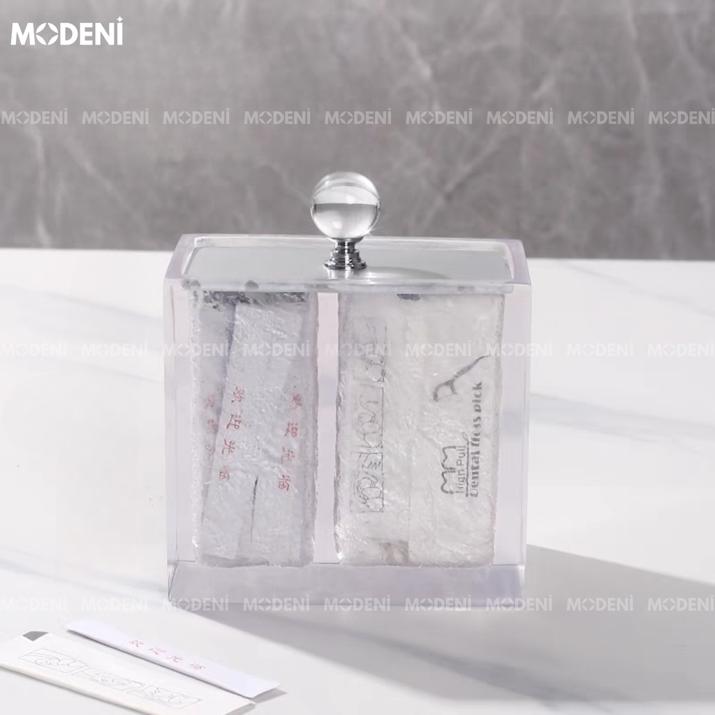Hủ Đựng Tăm Bông Trắng Acrylic Cao Cấp – Thiết Kế Trong Suốt Sang Trọng, 2 Ngăn Tiện Lợi (12.5x7.5x12.2 cm)