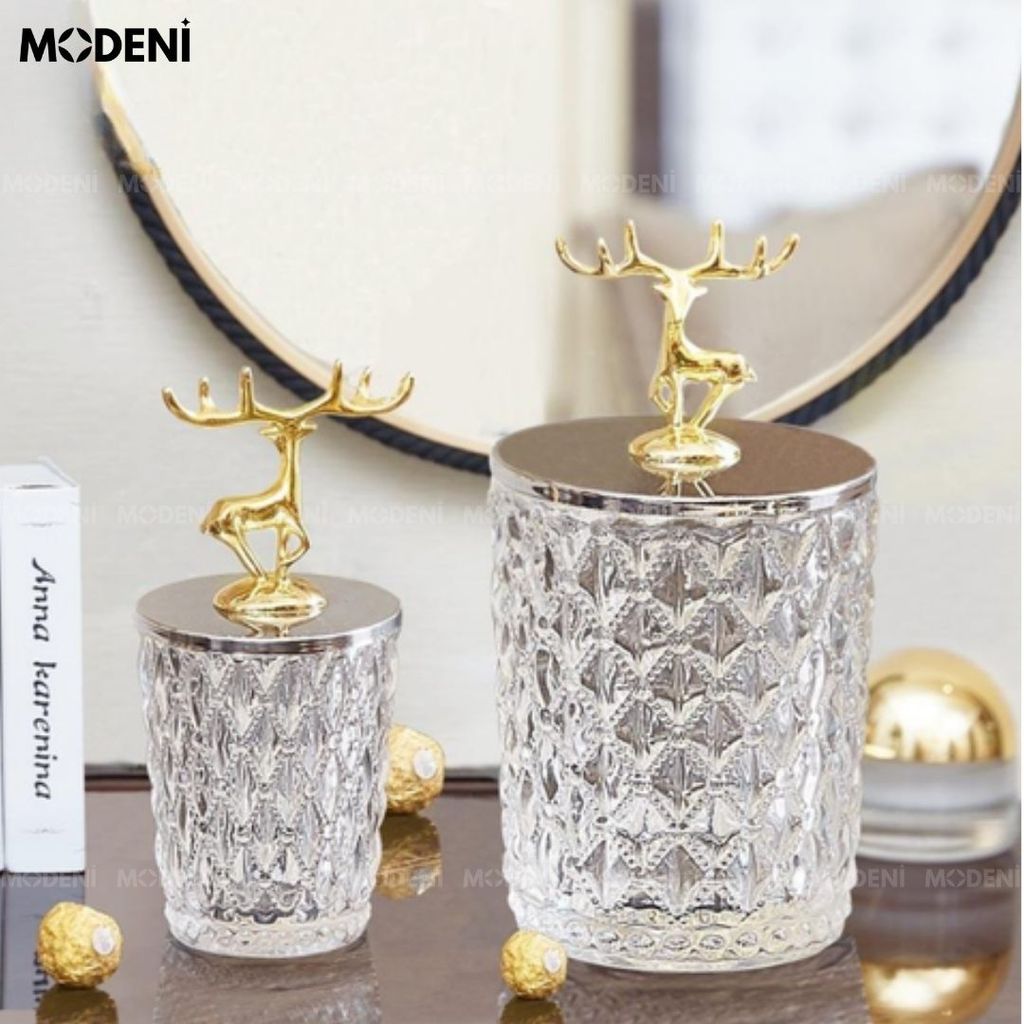 Set 2 Lọ Đựng Kẹo Thuỷ Tinh Patronus Cao Cấp – Nắp Tuần Lộc Mạ Vàng, Sang Trọng, Dùng Decor & Bàn Tiệc