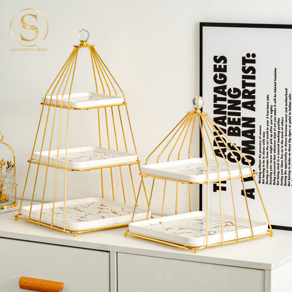 Khay 2 Tầng Bondine – Khung Kim Loại Mạ Vàng Cao Cấp, Đĩa Marble Trắng Nghệ Thuật – Decor Tiệc Trà, Đựng Bánh Trái, Snack Sang Trọng Châu Âu