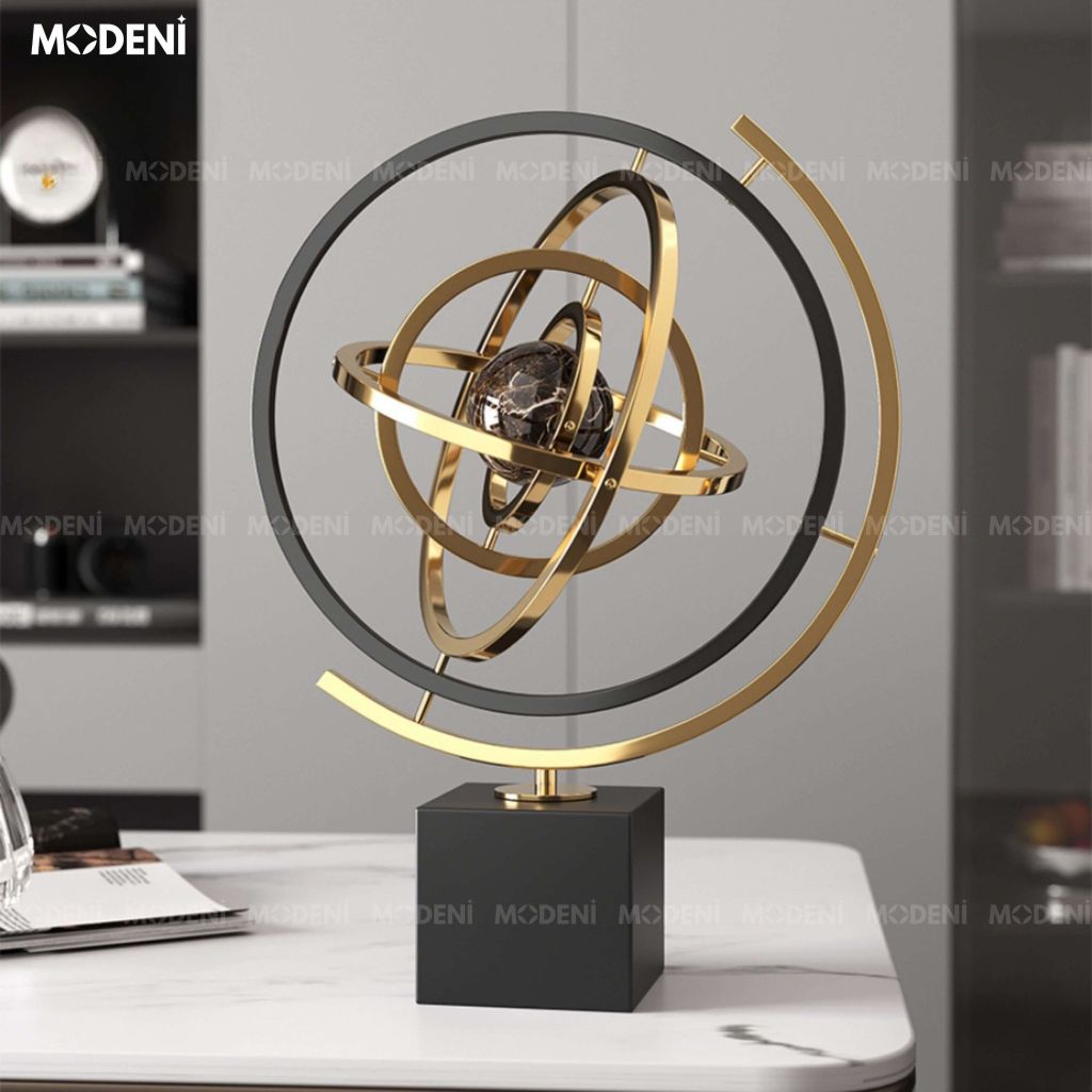 Tượng Cầu Meliora Lớn Đế Đá Cẩm Thạch Tự Nhiên – Vòng Xoắn 360 Độ – Decor Hiện Đại Sang Trọng
