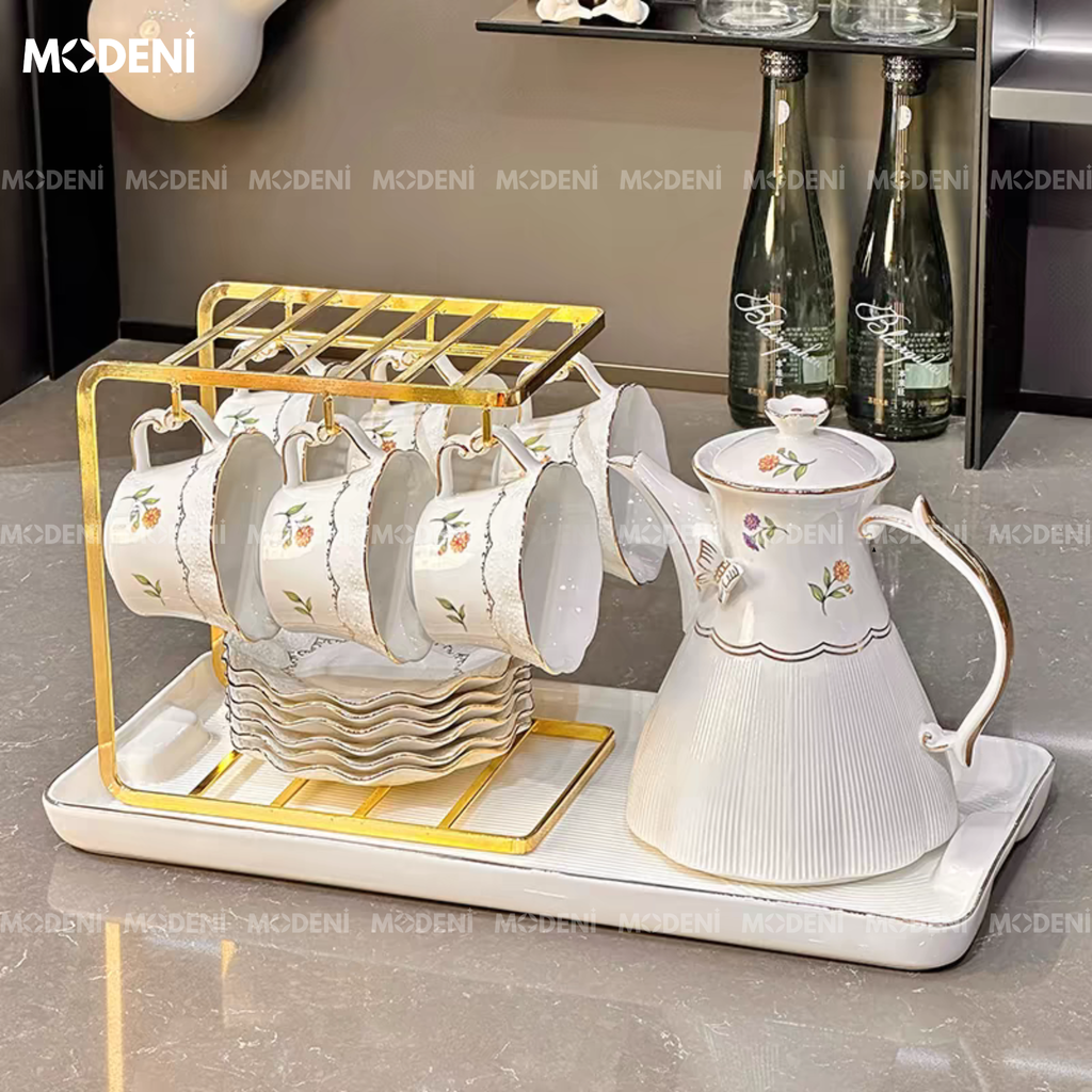 Bộ Ấm Trà Lisa Sứ Tráng Men Cao Cấp Kèm Khay Đựng Sang Trọng Phong Cách Châu Âu